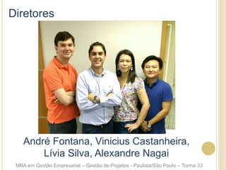 André Fontana, Vinicius Castanheira,
Lívia Silva, Alexandre Nagai
Diretores
MBA em Gestão Empresarial – Gestão de Projetos - Paulista/São Paulo – Turma 33
 
