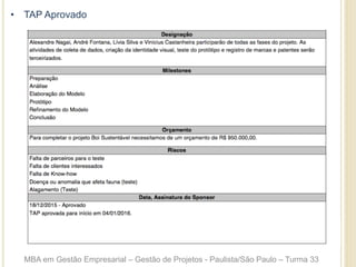 •  TAP Aprovado
MBA em Gestão Empresarial – Gestão de Projetos - Paulista/São Paulo – Turma 33
 