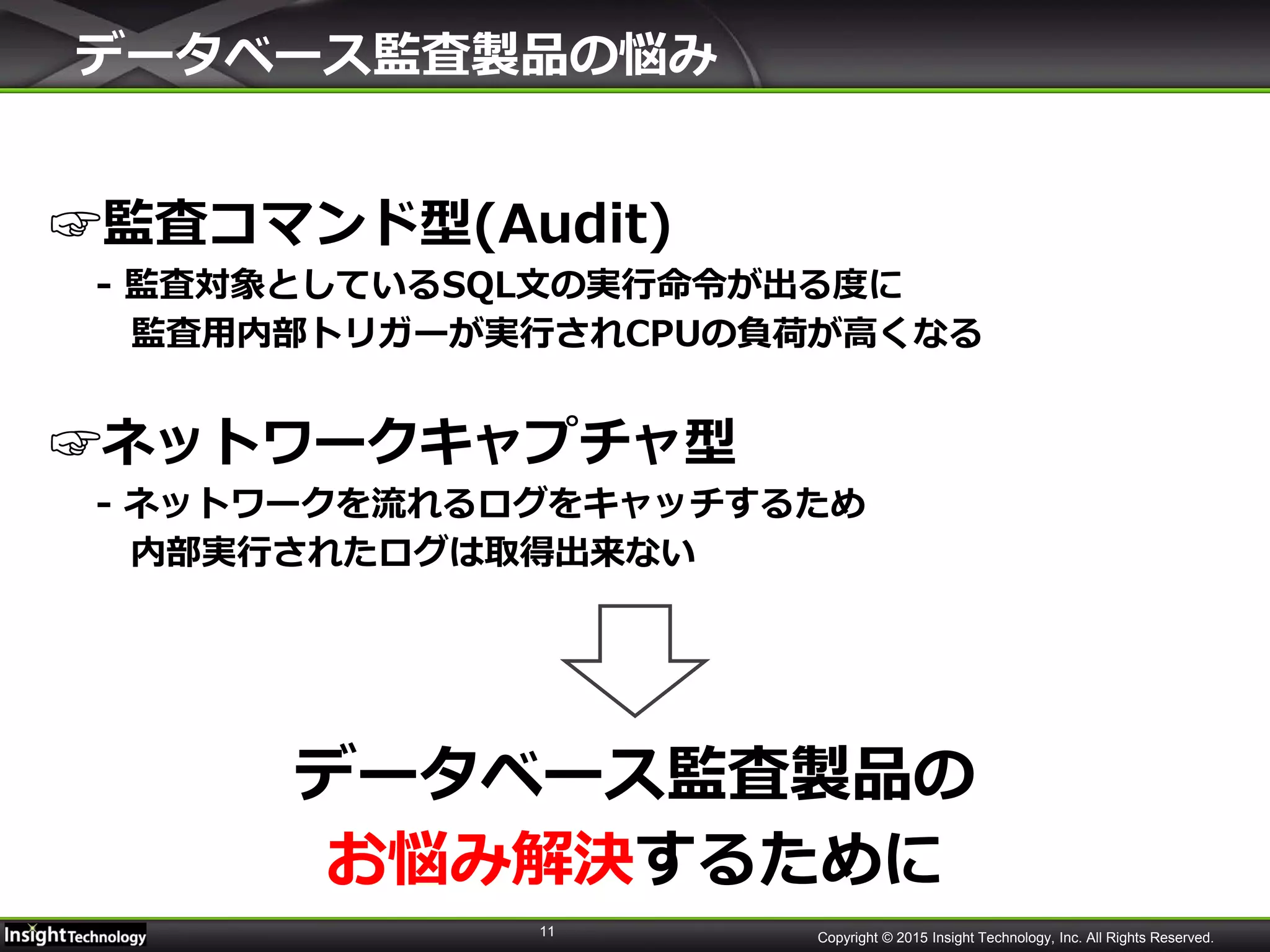11 Copyright © 2015 Insight Technology, Inc. All Rights Reserved.
データベース監査製品の悩み
☞監査コマンド型(Audit)
- 監査対象としているSQL文の実行命令が出る度に
監査用内部トリガーが実行されCPUの負荷が高くなる
☞ネットワークキャプチャ型
- ネットワークを流れるログをキャッチするため
内部実行されたログは取得出来ない
データベース監査製品の
お悩み解決するために
 