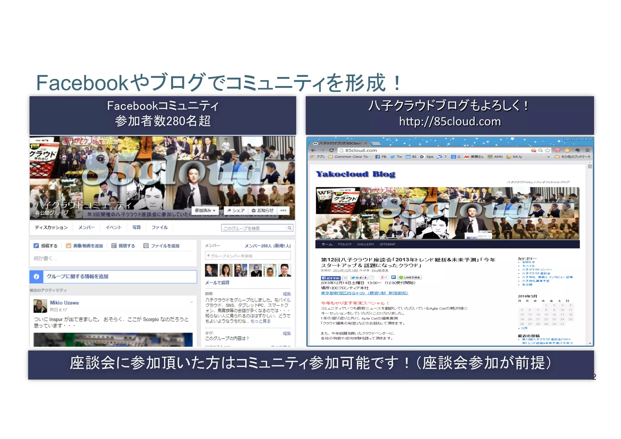 12
Facebookやブログでコミュニティを形成！	
Facebookコミュニティ 
参加者数280名超	
八子クラウドブログもよろしく！	
  
hXp://85cloud.com	
★原則この会に１度は参加した事がある人が加入可	
座談会に参加頂いた方はコミュニティ参加可能です！（座談会参加が前提）	
 