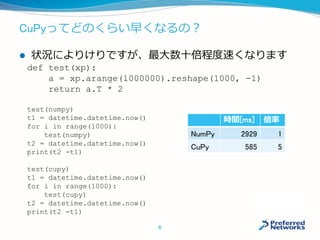 CuPyってどのくらい早くなるの？
 状況によりけりですが、最大数十倍程度速くなります
def test(xp):
a = xp.arange(1000000).reshape(1000, -1)
return a.T * 2
test(numpy)
t1 = datetime.datetime.now()
for i in range(1000):
test(numpy)
t2 = datetime.datetime.now()
print(t2 -t1)
test(cupy)
t1 = datetime.datetime.now()
for i in range(1000):
test(cupy)
t2 = datetime.datetime.now()
print(t2 -t1)
時間[ms] 倍率
NumP
y
2929 1
CuPy 585 5
6
 