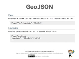 b y Ta i c h i F U R U H A S H I
GeoJSON
http://s.kitazaki.name/docs/geojson-spec-ja.html
Copyright © 2008 by the Authors. This work is licensed under a Creative Commons Attribution 3.0 United States License.
 