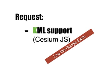 Request:
- KML support 
(Cesium JS)
Like the Google Earth
 