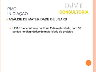  ANÁLISE DE MATURIDADE DE LISARB
 LISARB encontra-se no Nível 2 de maturidade, com 53
pontos no diagnóstico de maturidade de projetos
PMO
INICIAÇÃO
 