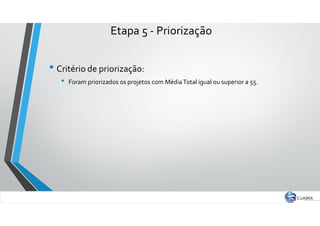 Etapa 5 - Priorização
• Critério de priorização:
• Foram priorizados os projetos com MédiaTotal igual ou superior a 55.
 