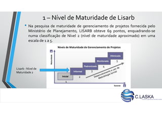 1 – Nível de Maturidade de Lisarb
• Na pesquisa de maturidade de gerenciamento de projetos fornecida pelo
Ministério de Planejamento, LISARB obteve 69 pontos, enquadrando-se
numa classificação de Nível 2 (nível de maturidade aproximado) em uma
escala de 1 a 5.
Lisarb - Nível de
Maturidade 2
1
2
3
4
5
 