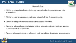Benefícios:
 Melhorar a consolidação dos dados, para visualização do que realmente esta
acontecendo.
 Melhorar a performance dos projetos e a transferência de conhecimento.
 Gerenciar adequadamente as expectativas dos stakeholders
 Gerenciar adequadamente a falta de critério para categorizar os projetos, aprovar
ou modificar suas prioridades.
 Fazer uma interação entre as coletas de métricas básicas de escopo, tempo e custo.
lisarB – Um pais a frente do mundo
PMO em LIZARB
 