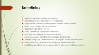 Benefícios
 Melhoria no desempenho dos projetos;
 Consolidação dos dados(menos retrabalho);
 Expectativas dos stakeholders gerenciada de forma correta;
 Maior retorno financeiro dos projetos;
 Gestão integrada dos riscos;
 Maior celeridade no processo decisório;
 Acúmulo e multiplicação de conhecimento;
 Manutenção dos padrões de qualidade dos projetos.
 A metodologia de Gerenciamento de Projetos é utilizada por todos;
 Os processos de planejamento e controle são consistentes;
 As lições aprendidas são incorporadas na gestão de todos os projetos.
 