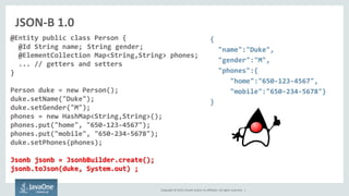 Copyright © 2015, Oracle and/or its affiliates. All rights reserved. |
JSON-B 1.0
@Entity public class Person {
@Id String name; String gender;
@ElementCollection Map<String,String> phones;
... // getters and setters
}
Person duke = new Person();
duke.setName("Duke");
duke.setGender("M");
phones = new HashMap<String,String>();
phones.put("home", "650-123-4567");
phones.put("mobile", "650-234-5678");
duke.setPhones(phones);
Jsonb jsonb = JsonbBuilder.create();
jsonb.toJson(duke, System.out) ;
{
"name":"Duke",
"gender":"M",
"phones":{
"home":"650-123-4567",
"mobile":"650-234-5678"}
}
 