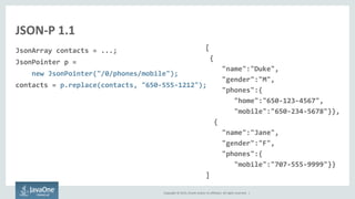 Copyright © 2015, Oracle and/or its affiliates. All rights reserved. |
JSON-P 1.1
JsonArray contacts = ...;
JsonPointer p =
new JsonPointer("/0/phones/mobile");
contacts = p.replace(contacts, "650-555-1212");
[
{
"name":"Duke",
"gender":"M",
"phones":{
"home":"650-123-4567",
"mobile":"650-234-5678"}},
{
"name":"Jane",
"gender":"F",
"phones":{
"mobile":"707-555-9999"}}
]
 