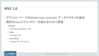 Copyright © 2015, Oracle and/or its affiliates. All rights reserved. |
MVC 1.0
• アクション・ベースのModel-View-Controller アーキテクチャの追加
• 既存のJava EEテクノロジーを組み合わせて実現：
– Model
• CDI, Bean Validation, JPA
– View
• Facelets, JSP
– Controller
• JAX-RS リソースメソッド
 