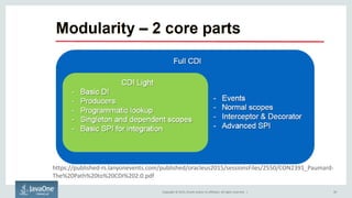 Copyright © 2015, Oracle and/or its affiliates. All rights reserved. | 39
https://published-rs.lanyonevents.com/published/oracleus2015/sessionsFiles/2550/CON2391_Paumard-
The%20Path%20to%20CDI%202.0.pdf
 