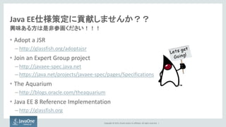 Copyright © 2015, Oracle and/or its affiliates. All rights reserved. |
Java EE仕様策定に貢献しませんか？？
• Adopt a JSR
– http://glassfish.org/adoptajsr
• Join an Expert Group project
– http://javaee-spec.java.net
– https://java.net/projects/javaee-spec/pages/Specifications
• The Aquarium
– http://blogs.oracle.com/theaquarium
• Java EE 8 Reference Implementation
– http://glassfish.org
興味ある方は是非参画ください！！！
 