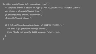 function createShader (gl, sourceCode, type) {
// Compiles either a shader of type gl.VERTEX_SHADER or gl.FRAGMENT_SHADER
var shader = gl.createShader( type );
gl.shaderSource( shader, sourceCode );
gl.compileShader( shader );
if ( !gl.getShaderParameter(shader, gl.COMPILE_STATUS) ) {
var info = gl.getShaderInfoLog( shader );
throw "Could not compile WebGL program. nn" + info;
}
}
 
