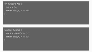 int func(int *p) {
int r = *p;
return calc(r, r << 16);
}
function func(p) {
var r = HEAP32[p >> 2];
return calc(r, r << 16);
}
 