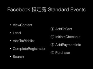 Facebook Standard Events
• ViewContent
• Lead
• AddToWishlist
• CompleteRegistration
• Search
AddToCart
InitiateCheckout
AddPaymentInfo
Purchase
 