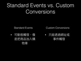 Standard Events vs. Custom
Conversions
Standard Events
•
Custom Conversions
•
 