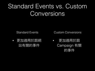 Standard Events vs. Custom
Conversions
Standard Events
•
Custom Conversions
•
Campaign
 