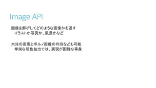 Image API
画像を解析してどのような画像かを返す
イラストか写真か、風景かなど
水泳の画像とポルノ画像の判別なども可能
単純な肌色抽出では、実現が困難な事象
 