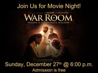Join Us for Movie Night!
Sunday, December 27th
@ 6:00 p.m.
Admission is free
 