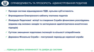  Прозора система відшкодування ПДВ, нульова суб’єктивність
 Впровадження Електронного кабінету платника податків
 Ліквідація Податкової міліції та створення Служби фінансових розслідувань
(відмова від силових заходів та застосування адміністративно-аналітичних
підходів)
 Суттєве зменшення податкових інспекцій та кількості співробітників
 Державна Фіскальна Служба – поступовий перехід до сервісної служби
12
СПРАВЕДЛИВІСТЬ ТА ПРОЗОРІСТЬ АДМІНІСТРУВАННЯ ПОДАТКІВ
….підвищує рівень впевненості та довіри до системи
 