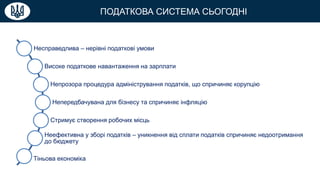 ПОДАТКОВА СИСТЕМА СЬОГОДНІ
Несправедлива – нерівні податкові умови
Високе податкове навантаження на зарплати
Непрозора процедура адміністрування податків, що спричиняє корупцію
Непередбачувана для бізнесу та спричиняє інфляцію
Стримує створення робочих місць
Неефективна у зборі податків – уникнення від сплати податків спричиняє недоотримання
до бюджету
Тіньова економіка
 