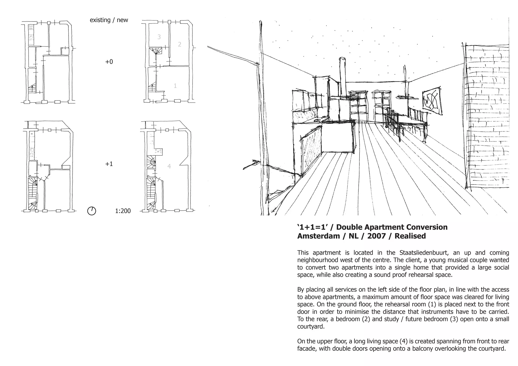 ‘1+1=1’ / Double Apartment Conversion
Amsterdam / NL / 2007 / Realised
This apartment is located in the Staatsliedenbuurt, an up and coming
neighbourhood west of the centre. The client, a young musical couple wanted
to convert two apartments into a single home that provided a large social
space, while also creating a sound proof rehearsal space.
By placing all services on the left side of the floor plan, in line with the access
to above apartments, a maximum amount of floor space was cleared for living
space. On the ground floor, the rehearsal room (1) is placed next to the front
door in order to minimise the distance that instruments have to be carried.
To the rear, a bedroom (2) and study / future bedroom (3) open onto a small
courtyard.
On the upper floor, a long living space (4) is created spanning from front to rear
facade, with double doors opening onto a balcony overlooking the courtyard.
+1
1:200
existing / new
+0
1
2
3
4
 