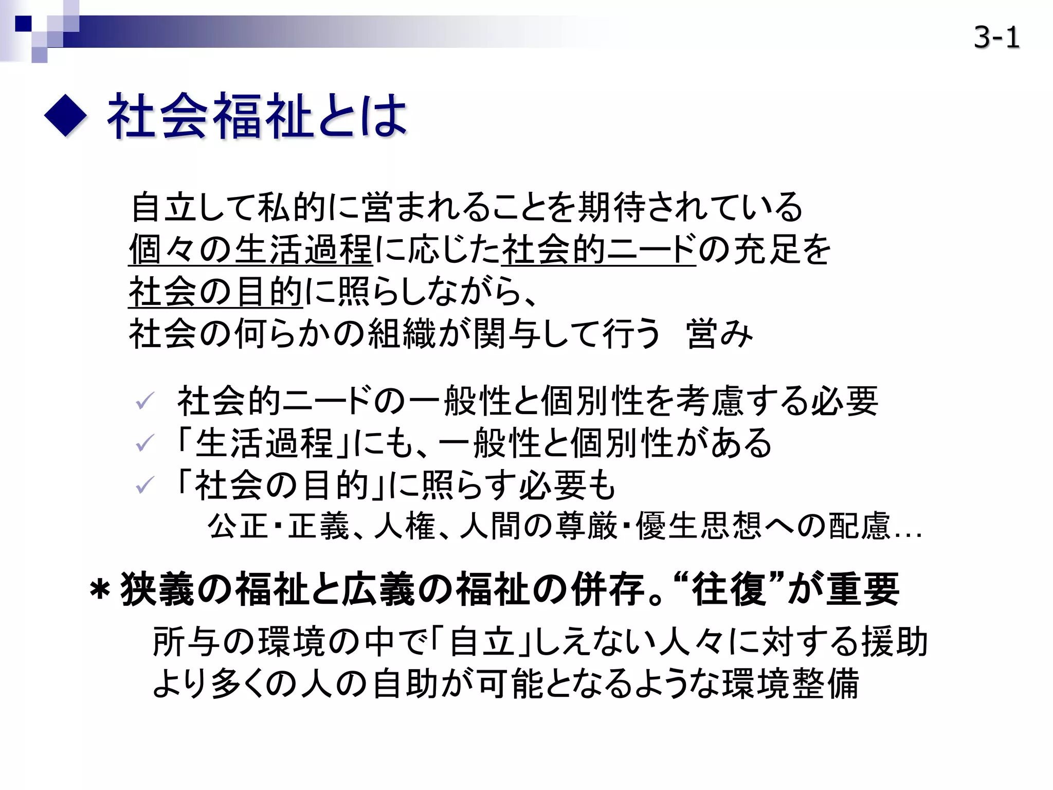  社会福祉とは
自立して私的に営まれることを期待されている
個々の生活過程に応じた社会的ニードの充足を
社会の目的に照らしながら、
社会の何らかの組織が関与して行う 営み
 社会的ニードの一般性と個別性を考慮する必要
 「生活過程」にも、一般性と個別性がある
 「社会の目的」に照らす必要も
公正・正義、人権、人間の尊厳・優生思想への配慮…
＊狭義の福祉と広義の福祉の併存。“往復”が重要
所与の環境の中で「自立」しえない人々に対する援助
より多くの人の自助が可能となるような環境整備
3-1
 