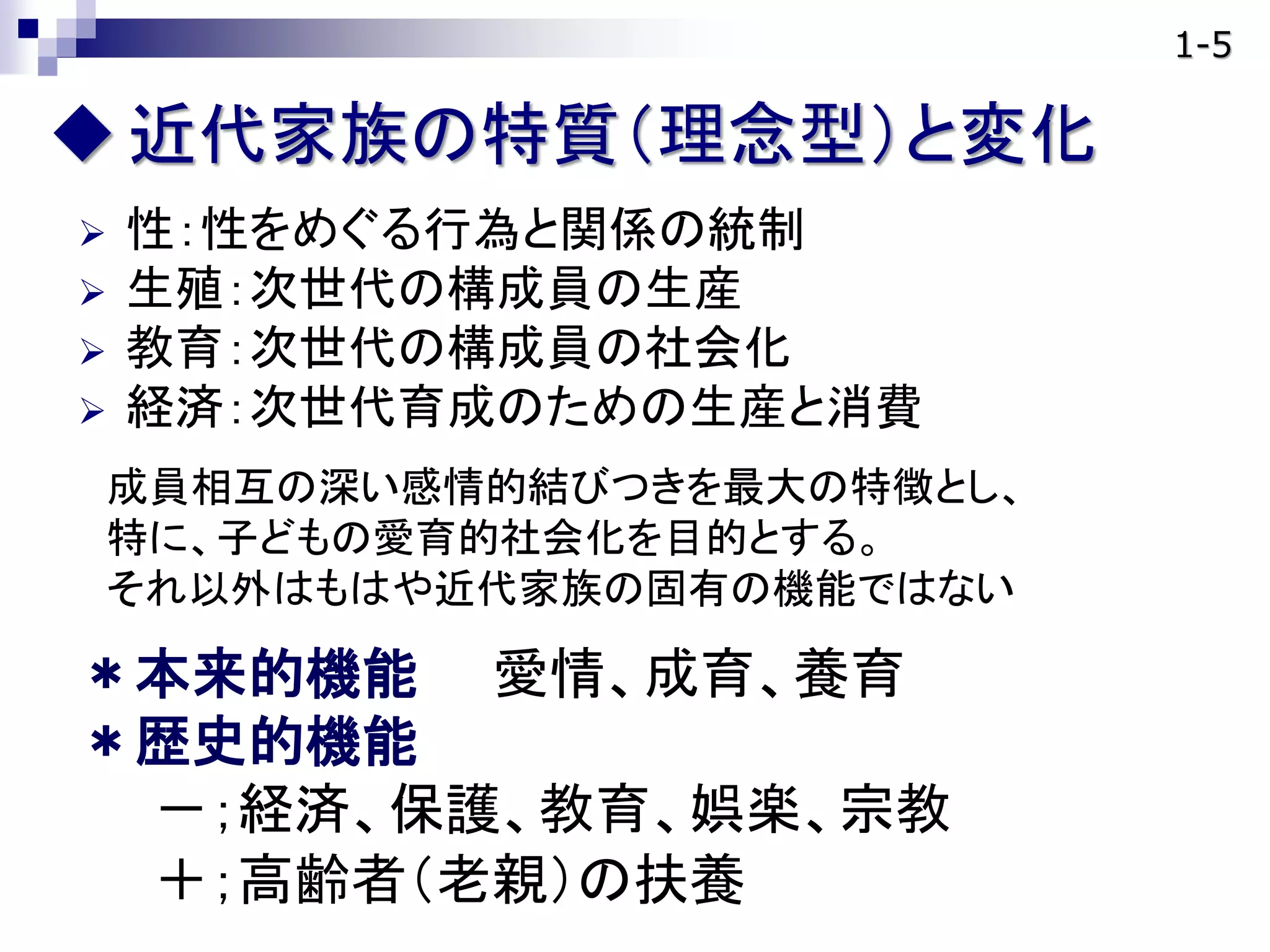 近代家族の特質（理念型）と変化
 性：性をめぐる行為と関係の統制
 生殖：次世代の構成員の生産
 教育：次世代の構成員の社会化
 経済：次世代育成のための生産と消費
成員相互の深い感情的結びつきを最大の特徴とし、
特に、子どもの愛育的社会化を目的とする。
それ以外はもはや近代家族の固有の機能ではない
＊本来的機能 愛情、成育、養育
＊歴史的機能
－；経済、保護、教育、娯楽、宗教
＋；高齢者（老親）の扶養
1-5
 