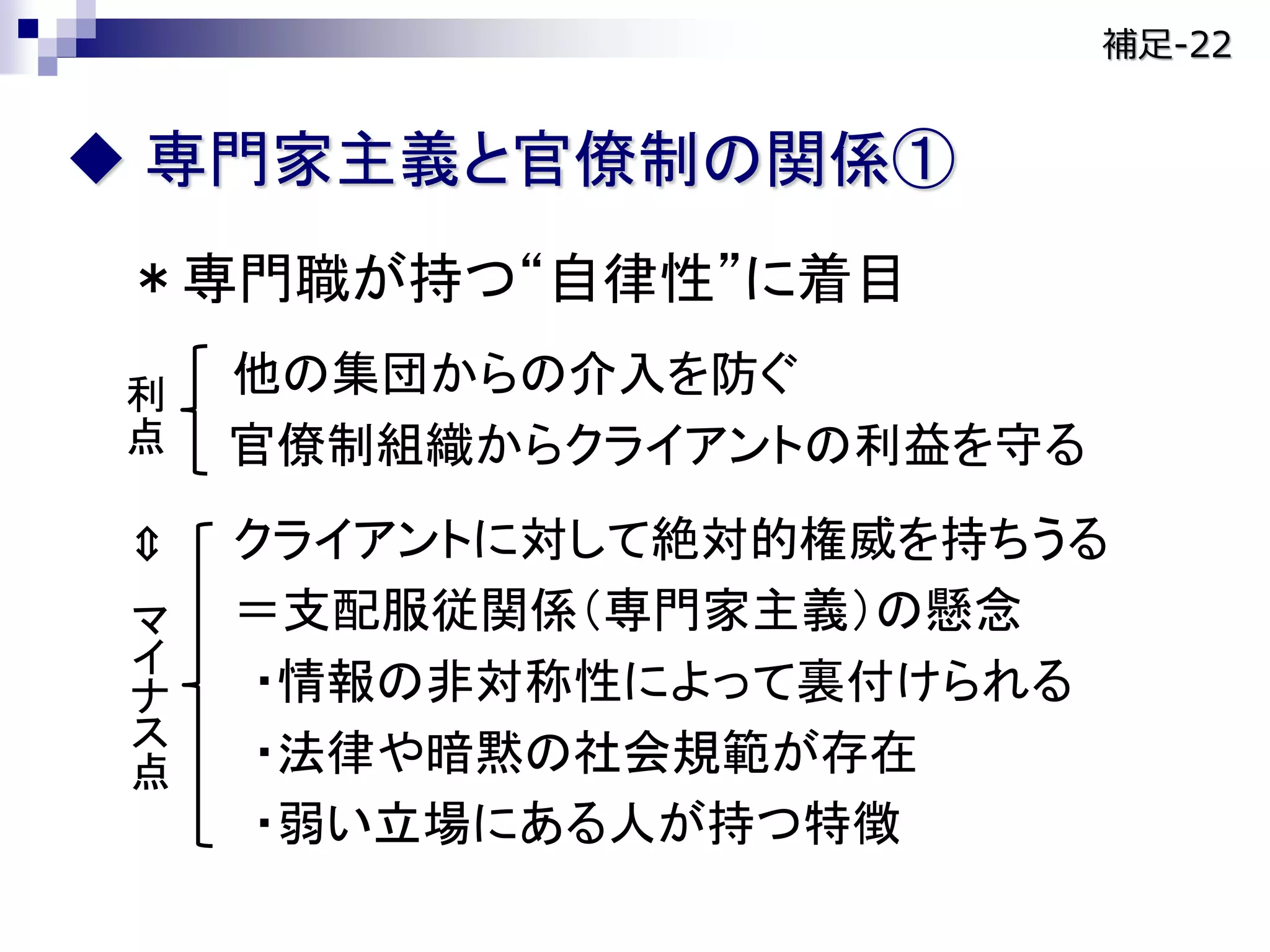  専門家主義と官僚制の関係①
＊専門職が持つ“自律性”に着目
他の集団からの介入を防ぐ
官僚制組織からクライアントの利益を守る
クライアントに対して絶対的権威を持ちうる
＝支配服従関係（専門家主義）の懸念
・情報の非対称性によって裏付けられる
・法律や暗黙の社会規範が存在
・弱い立場にある人が持つ特徴
利
点
マ
イ
ナ
ス
点
⇔
補足-22
 