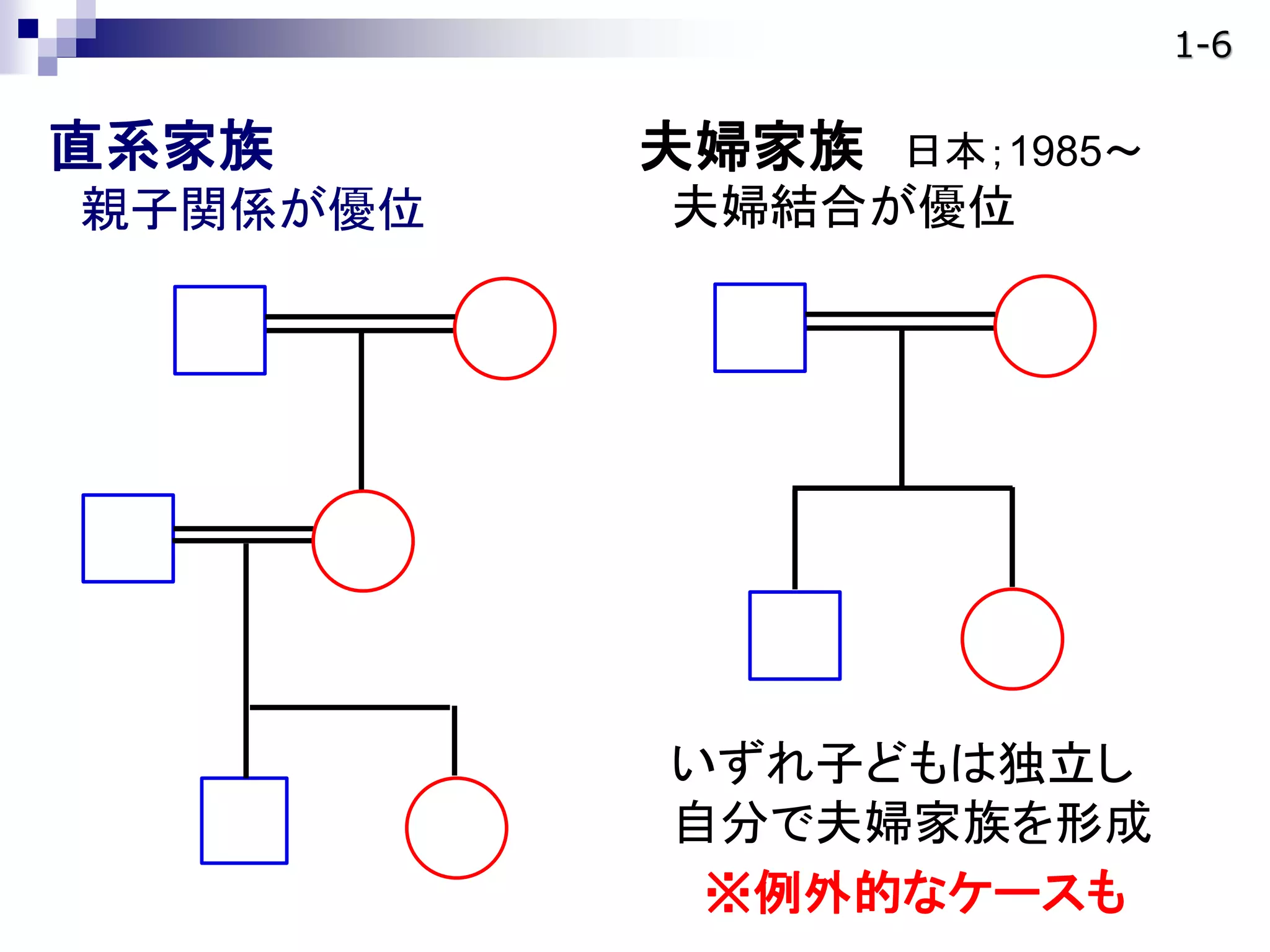 直系家族
親子関係が優位
夫婦家族 日本；1985～
夫婦結合が優位
いずれ子どもは独立し
自分で夫婦家族を形成
※例外的なケースも
1-6
 