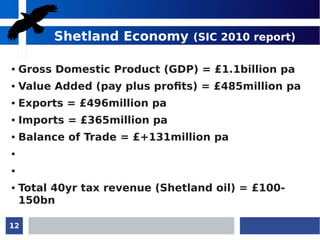12
Shetland Economy (SIC 2010 report)
● Gross Domestic Product (GDP) = £1.1billion pa
● Value Added (pay plus profits) = £485million pa
● Exports = £496million pa
● Imports = £365million pa
● Balance of Trade = £+131million pa
●
●
● Total 40yr tax revenue (Shetland oil) = £100-
150bn
 