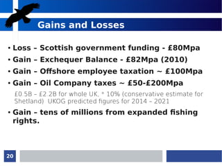 20
Gains and Losses
● Loss – Scottish government funding - £80Mpa
● Gain – Exchequer Balance - £82Mpa (2010)
● Gain – Offshore employee taxation ~ £100Mpa
● Gain – Oil Company taxes ~ £50-£200Mpa
£0.5B – £2.2B for whole UK, * 10% (conservative estimate for
Shetland) UKOG predicted figures for 2014 – 2021
● Gain – tens of millions from expanded fishing
rights.
 