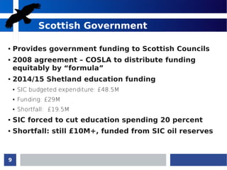 9
Scottish Government
●
Provides government funding to Scottish Councils
● 2008 agreement – COSLA to distribute funding
equitably by “formula”
●
2014/15 Shetland education funding
● SIC budgeted expenditure: £48.5M
● Funding: £29M
● Shortfall: £19.5M
●
SIC forced to cut education spending 20 percent
● Shortfall: still £10M+, funded from SIC oil reserves
 