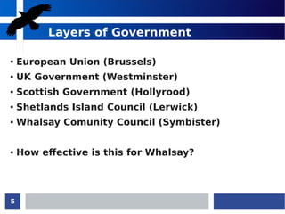 5
Layers of Government
● European Union (Brussels)
● UK Government (Westminster)
● Scottish Government (Hollyrood)
● Shetlands Island Council (Lerwick)
● Whalsay Comunity Council (Symbister)
● How effective is this for Whalsay?
 