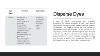 Disperse Dyes
A class of slightly water-soluble dyes originally
introduced for dyeing polyester, acetate, and related
hydrophobic fibers and usually applied from fine aqueous
suspensions. The negative charge on the surface of
hydrophobic fibers like polyester can not be reduced by
any means, so non-ionic dyes like disperse dyes are used
which are not influenced by that surface charge. The dye
has derived its name for its insoluble aqueous properties
and the need to apply it from an aqueous dispersion. Of
all the dyes, they are of the smallest molecular size.
Dye
class
General Application
Disperse Requires skill in
application
(either by carrier or
under high
temperature).
Moderate price.
Complete colour range.
Limited solubility in
water (normally
dispersed in water for
application).
Good fastness after
reduction clearing
treatment; Posseses
sublimation property.
Mostly used
for polyester
& acetate.
Can also be
applied on
nylon &
Acrylic.
 