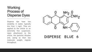 Working
Process of
Disperse Dyes
Disperse dye have low
solubility in water, typically
less than 1 mg/L. They are
applied to the article as an
extremely fine suspension.
Upon attachment to the
article, the particles dissolve
and, owing to their low
molecular weight, migrate
throughout.
 