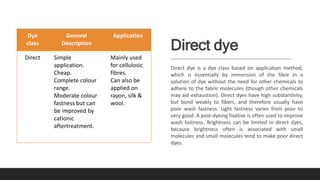 Direct dye
Direct dye is a dye class based on application method,
which is essentially by immersion of the fibre in a
solution of dye without the need for other chemicals to
adhere to the fabric molecules (though other chemicals
may aid exhaustion). Direct dyes have high substantivity,
but bond weakly to fibers, and therefore usually have
poor wash fastness. Light fastness varies from poor to
very good. A post-dyeing fixative is often used to improve
wash fastness. Brightness can be limited in direct dyes,
because brightness often is associated with small
molecules and small molecules tend to make poor direct
dyes.
Dye
class
General
Description
Application
Direct Simple
application.
Cheap.
Complete colour
range.
Moderate colour
fastness but can
be improved by
cationic
aftertreatment.
Mainly used
for cellulosic
fibres.
Can also be
applied on
rayon, silk &
wool.
 