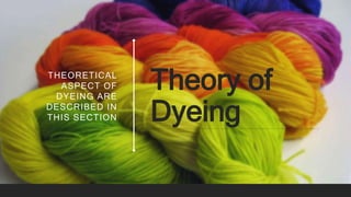 Theory of
Dyeing
THEORETICAL
ASPECT OF
DYEING ARE
DESCRIBED IN
THIS SECTION
 