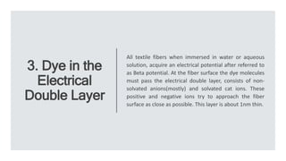 3. Dye in the
Electrical
Double Layer
All textile fibers when immersed in water or aqueous
solution, acquire an electrical potential after referred to
as Beta potential. At the fiber surface the dye molecules
must pass the electrical double layer, consists of non-
solvated anions(mostly) and solvated cat ions. These
positive and negative ions try to approach the fiber
surface as close as possible. This layer is about 1nm thin.
 