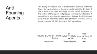 Anti
Foaming
Agents
The dyeing process can lead to the formation of macro and micro
foams during circulation of dyes and auxiliaries in the dye bath. A
macro foam is displayed with large bubbles, which are visible on
the surface of the system and produce cosmetic imperfections. A
typical list of anti-foaming agents is as follows: 2-ethyl hexanol
(EH), tributyl phosphate (TBP), poly (dimethyl siloxane) (PDMS)
amides, mineral oil, fatty acids, and their derivatives.
 