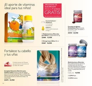 102
ባ Omega 3 para Niños 105 ml.
22467 16,95€
ቢ Multivitaminas y Minerales
para Niños 21 comprimidos de 1.1g.
22465 12,95€
OMEGA 3
• Puro aceite de pescado
Omega 3
MULTIVITAMINASY
MINERALES
• 13 vitaminas
• 8 minerales
Complejo de Belleza
Antioxidante Plus Contenido
para 30 días. Tomar una cápsula al
día con la comida.
25414 22,95€
Fortalece tu cabello
y tus uñas
Contiene extracto de Manzana
que promueve el crecimiento de
las células del cabello*
*
*A.KamimurayT.Takahashi,Volumen146delDiarioBritánicodeDermatología,
Número1,pag.41-51,Enero2002
¡El aporte de vitaminas
ideal para tus niños!
Multivitaminas y Minerales
Dos combinaciones que aportan la
cantidad exacta de vitaminas y
minerales especíﬁcos para hombre y
para mujer. Contenido para 60 días.
Tomar un comprimido al día con la
comida.
Cada uno 16,95€
ቢ 22794 Mujer
ባ 22795 Hombre
ቢ
ባ
ቢ ባ
Más información en www.oriﬂame.es
GRATIS!
¡Recibe tu 4º producto
¡PROGRAMA DE
SUSCRIPCIÓN!
Complejo Vitamínico Nutritivo para
Cabello y Uñas Previene la caída del cabello y
aporta los nutrientes esenciales para un cabello más
espeso y unas uñas más fuertes. Tomar 2 comprimidos
una vez al día durante un mínimo de 3 meses. 42
comprimidos.
23473 23,95€
 
