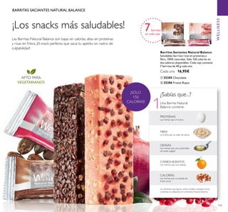 103
Las Barritas Natural Balance son bajas en calorías, altas en proteínas
y ricas en fribra. ¡El snack perfecto que sacia tu apetito sin rastro de
culpabilidad!
BARRITAS SACIANTES NATURAL BALANCE
7barritas
en cada caja
APTO PARA
VEGETARIANOS
¡Los snacks más saludables!
WELLNESS
Barritas Saciantes Natural Balance
Saludables barritas ricas en proteínas y
ﬁbra, 100% naturales. Sólo 150 calorías en
dos sabores disponibles. Cada caja contiene
7 barritas de 40 g cada una.
Cada una 16,95€
ቢ 25385 Chocolate
ባ 25386 Frutos Rojos
1
¡SÓLO
150
CALORÍAS! Una Barrita Natural
Balance contiene:
FIBRA
La misma que un plato de avena
GRASAS
Las mismas que una cucharadita
de aceite vegetal
CARBOHIDRATOS
Los mismos que una naranja
CALORÍAS
Las mismas que un puñado de
frutos secos
Los alimentos que ﬁguran arriba también contienen micro-
nutrientes no presentes en las Barritas Natural Balance.
PROTEÍNAS
Las mismas que un huevo
¿Sabías que...?
ቢ ባ
 