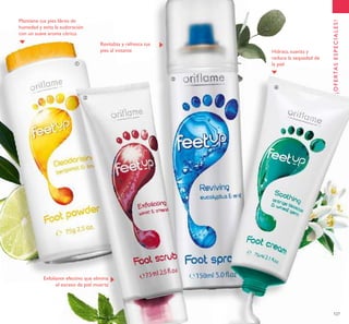 127127
Mantiene tus pies libres de
humedad y evita la sudoración
con un suave aroma cítrico.
Revitaliza y refresca tus
pies al instante
Exfoliante efectivo que elimina
el exceso de piel muerta
Hidrata, suaviza y
reduce la sequedad de
la piel
¡OFERTASESPECIALES!
ቢ
ባ
ቤ
ብ
 