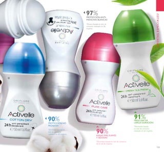 133
90%PROTECCIÓN NO
PEGAJOSA*
97%PROTECCIÓN ANTI-
MANCHAS BLANCAS*
90%AXILAS MÁS SUAVES
Y SEDOSAS*
ቢ
ባ
ቤ
ብ
ቦ
¡OFERTASESPECIALES!
*
Efectividad basada en
test de consumo
realizado en 60 mujeres.
*
Eﬁcacia basada en test de
consumo realizado en 86
mujeres.
*
Efectividad basada en test de consumo
de 69 de 86 mujeres.
*
Efectividad basada
en test de consumo
realizado en 60 mujeres.
91%FRESCURA DE
LARGA DURACIÓN*
 