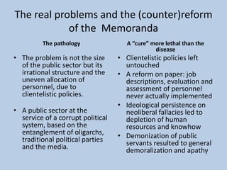 The real problems and the (counter)reform
of the Memoranda
The pathology
• The problem is not the size
of the public sector but its
irrational structure and the
uneven allocation of
personnel, due to
clientelistic policies.
• A public sector at the
service of a corrupt political
system, based on the
entanglement of oligarchs,
traditional political parties
and the media.
A “cure” more lethal than the
disease
• Clientelistic policies left
untouched
• A reform on paper: job
descriptions, evaluation and
assessment of personnel
never actually implemented
• Ideological persistence on
neoliberal fallacies led to
depletion of human
resources and knowhow
• Demonization of public
servants resulted to general
demoralization and apathy
 