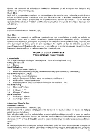 16
τρίγωνο. Θα μπορούσαν να αναζητηθούν εναλλακτικές αποδείξεις για τα θεωρήματα που αφορούν στις
ιδιότητες του ορθογωνίου τριγώνου.
§5.10 – §5.12
Εκτός από το συγκεκριμένο αντικείμενο των παραγράφων αυτών, προτείνεται να εμπλακούν οι μαθητές στην
επίλυση προβλημάτων που συνδυάζουν γεωμετρικά θέματα από όλο το κεφάλαιο. Προτείνεται επίσης να
συζητηθεί με τους μαθητές η ταξινόμηση των τετραπλεύρων του σχολικού βιβλίου (σελ. 125) και, κατά την
κρίση του εκπαιδευτικού, η συσχέτιση με άλλες ταξινομήσεις όπως αναφέρονται στο ιστορικό σημείωμα των
σελ. 123, 124.
Κεφάλαιο 6ο
(Προτείνεται να διατεθούν 6 διδακτικές ώρες)
§6.5 – §6.6
Προτείνεται, ως εισαγωγή στο πρόβλημα εγγραψιμότητας ενός τετραπλεύρου σε κύκλο, οι μαθητές να
διερευνήσουν ποια από τα γνωστά τετράπλευρα (παραλληλόγραμμο, ορθογώνιο, ρόμβος, τετράγωνο,
τραπέζιο) είναι εγγράψιμα, βασιζόμενοι στις ιδιότητες των εγγεγραμμένων τετραπλεύρων (π.χ., ο ρόμβος δεν
είναι εγγράψιμος σε κύκλο, γιατί αν ήταν εγγράψιμος θα έπρεπε να έχει τις απέναντι γωνίες του
παραπληρωματικές). Η διερεύνηση θα μπορούσε να επεκταθεί και σε τυχαία τετράπλευρα (και με τη βοήθεια
λογισμικού), ώστε οι μαθητές να εικάσουν τα κριτήρια εγγραψιμότητας.
ΑΛΓΕΒΡΑ ΚΑΙ ΣΤΟΙΧΕΙΑ ΠΙΘΑΝΟΤΗΤΩΝ
Α΄ ΤΑΞΗ ΕΣΠΕΡΙΝΟΥ ΓΕΝΙΚΟΥ ΛΥΚΕΙΟΥ
Ι. Διδακτέα ύλη
Από το βιβλίο «Άλγεβρα και Στοιχεία Πιθανοτήτων Α΄ Γενικού Λυκείου» (έκδοση 2015)
Εισαγωγικό κεφάλαιο
E.2. Σύνολα
Κεφ.1ο
: Πιθανότητες
1.1 Δειγματικός Χώρος-Ενδεχόμενα
1.2 Έννοια της Πιθανότητας (εκτός της υποπαραγράφου «Αξιωματικός Ορισμός Πιθανότητας»)
Κεφ.2ο
: Οι Πραγματικοί Αριθμοί
2.1 Οι Πράξεις και οι Ιδιότητές τους
2.2 Διάταξη Πραγματικών Αριθμών (εκτός της απόδειξης της ιδιότητας 4)
2.3 Απόλυτη Τιμή Πραγματικού Αριθμού
2.4 Ρίζες Πραγματικών Αριθμών (εκτός των αποδείξεων των ιδιοτήτων 3 και 4)
Κεφ.3ο
: Εξισώσεις
3.1 Εξισώσεις 1ου
Βαθμού
3.2 Η Εξίσωση
ν
x α=
3.3 Εξισώσεις 2ου
Βαθμού
Κεφ.4ο
: Ανισώσεις
4.1 Ανισώσεις 1ου
Βαθμού
4.2 Ανισώσεις 2ου
Βαθμού
ΙΙ. Διαχείριση διδακτέας ύλης
Εισαγωγικό Κεφάλαιο
(Προτείνεται να διατεθούν 2 διδακτικές ώρες)
Στο κεφάλαιο αυτό οι μαθητές διαπραγματεύονται την έννοια του συνόλου καθώς και σχέσεις και πράξεις
μεταξύ συνόλων. Ειδικότερα:
Όσον αφορά στην §Ε.1, αυτή να μη διδαχθεί ως αυτόνομο κεφάλαιο αλλά να συζητηθεί το νόημα και η χρήση
των στοιχείων της Λογικής στις ιδιότητες και προτάσεις που διατρέχουν τη διδακτέα ύλη (για παράδειγμα στην
ιδιότητα α·β≠0 ⇔ α≠0 και β≠0 της §2.1 μπορεί να διερευνηθεί το νόημα της ισοδυναμίας και του συνδέσμου
«και»).
§Ε.2
Οι μαθητές αντιμετωπίζουν για πρώτη φορά με συστηματικό τρόπο την έννοια του συνόλου και των σχέσεων
και πράξεων μεταξύ συνόλων. Επειδή η έννοια του συνόλου είναι πρωταρχική, δηλαδή δεν ορίζεται, χρειάζεται
 