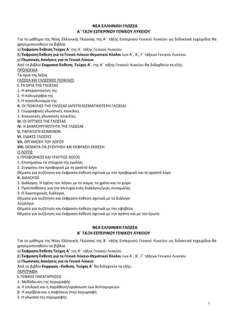 3
ΝΕΑ ΕΛΛΗΝΙΚΗ ΓΛΩΣΣΑ
Α΄ ΤΑΞΗ ΕΣΠΕΡΙΝΟΥ ΓΕΝΙΚΟΥ ΛΥΚΕΙΟΥ
Για το μάθημα της Νέας Ελληνικής Γλώσσας της Α΄ τάξης Εσπερινού Γενικού Λυκείου ως διδακτικά εγχειρίδια θα
χρησιμοποιηθούν τα βιβλία:
α) Έκφραση-Έκθεση Τεύχος Α΄ της Α΄ τάξης Γενικού Λυκείου
β) Έκφραση-Έκθεση για το Γενικό Λύκειο-Θεματικοί Κύκλοι των Α΄, Β΄, Γ΄ τάξεων Γενικού Λυκείου
γ) Γλωσσικές Ασκήσεις για το Γενικό Λύκειο
Από το βιβλίο Έκφραση-Έκθεση, Τεύχος Α΄, της Α΄ τάξης Γενικού Λυκείου θα διδαχθούν τα εξής:
ΠΡΟΛΟΓΙΚΑ
Τα όρια της λέξης
ΓΛΩΣΣΑ ΚΑΙ ΓΛΩΣΣΙΚΕΣ ΠΟΙΚΙΛΙΕΣ
Ι. ΤΑ ΟΡΙΑ ΤΗΣ ΓΛΩΣΣΑΣ
1. Η απεραντοσύνη της
2. Η πολυμορφία της
3. Η παντοδυναμία της
ΙΙ. ΟΙ ΠΟΙΚΙΛΙΕΣ ΤΗΣ ΓΛΩΣΣΑΣ (ΑΠΟΤΕΛΕΣΜΑΤΙΚΟΤΕΡΗ ΓΛΩΣΣΑ)
1. Γεωγραφικές γλωσσικές ποικιλίες
2. Κοινωνικές γλωσσικές ποικιλίες
ΙΙΙ. ΟΙ ΟΠΤΙΚΕΣ ΤΗΣ ΓΛΩΣΣΑΣ
IV. Η ΔΗΜΙΟΥΡΓΙΚΟΤΗΤΑ ΤΗΣ ΓΛΩΣΣΑΣ
V. ΠΑΡΑΓΩΓΗ ΚΕΙΜΕΝΩΝ
VI. ΕΙΔΙΚΕΣ ΓΛΩΣΣΕΣ
VII. ΟΡΓΑΝΩΣΗ ΤΟΥ ΛΟΓΟΥ
VIII. ΘΕΜΑΤΑ ΓΙΑ ΣΥΖΗΤΗΣΗ ΚΑΙ ΕΚΦΡΑΣΗ-ΕΚΘΕΣΗ
Ο ΛΟΓΟΣ
I. ΠΡΟΦΟΡΙΚΟΣ ΚΑΙ ΓΡΑΠΤΟΣ ΛΟΓΟΣ
1. Επισημαίνω τα στοιχεία της ομιλίας
2. Συγκρίνω τον προφορικό με το γραπτό λόγο
Θέματα για συζήτηση και έκφραση-έκθεση σχετικά με τον προφορικό και το γραπτό λόγο
ΙΙ. ΔΙΑΛΟΓΟΣ
1. Διάλογος. Η σχέση του λόγου με το σώμα, το χρόνο και το χώρο
2. Προϋποθέσεις για την επιτυχία ενός διαλόγου/μιας συνομιλίας
3. Ο λογοτεχνικός διάλογος
Θέματα για συζήτηση και έκφραση-έκθεση σχετικά με το διάλογο
Λεξιλόγιο
Θέματα για συζήτηση και έκφραση-έκθεση σχετικά με την εφηβεία
Θέματα για συζήτηση και έκφραση-έκθεση σχετικά με την αγάπη και με τον έρωτα
ΝΕΑ ΕΛΛΗΝΙΚΗ ΓΛΩΣΣΑ
Β΄ ΤΑΞΗ ΕΣΠΕΡΙΝΟΥ ΓΕΝΙΚΟΥ ΛΥΚΕΙΟΥ
Για το μάθημα της Νέας Ελληνικής Γλώσσας της Β΄ τάξης Εσπερινού Γενικού Λυκείου ως διδακτικά εγχειρίδια θα
χρησιμοποιηθούν τα βιβλία:
α) Έκφραση-Έκθεση Τεύχος Α΄ της Α΄ τάξης Γενικού Λυκείου
β) Έκφραση-Έκθεση για το Γενικό Λύκειο-Θεματικοί Κύκλοι των Α΄, Β΄, Γ΄ τάξεων Γενικού Λυκείου
γ) Γλωσσικές Ασκήσεις για το Γενικό Λύκειο
Από το βιβλίο Έκφραση –Έκθεση, Τεύχος Α΄ θα διδαχτούν τα εξής:
ΠΕΡΙΓΡΑΦΗ
Ι. ΓΕΝΙΚΕΣ ΠΑΡΑΤΗΡΗΣΕΙΣ
1. Μεθόδευση της περιγραφής
α. Η επιλογή και η παράθεση/οργάνωση των λεπτομερειών
β. Η ακρίβεια και η σαφήνεια στην περιγραφή
2. Η γλώσσα της περιγραφής
 