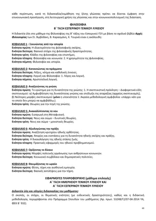 48
κάθε περίπτωση, κατά τη διδασκαλία/εκμάθηση της ξένης γλώσσας πρέπει να δίνεται έμφαση στην
επικοινωνιακή προσέγγιση, στη λειτουργική χρήση της γλώσσας και στην κοινωνικοπολιτισμική της διάσταση.
ΦΙΛΟΣΟΦΙΑ
Β΄ ΤΑΞΗ ΕΣΠΕΡΙΝΟΥ ΓΕΝΙΚΟΥ ΛΥΚΕΙΟΥ
Η διδακτέα ύλη στο μάθημα της Φιλοσοφίας της Β’ τάξης του Εσπερινού ΓΕΛ με βάση το σχολικό βιβλίο Αρχές
Φιλοσοφίας των Στ. Βιρβιδάκη, Β. Καρασμάνη, Χ. Τουρνά είναι η ακόλουθη:
ΚΕΦΑΛΑΙΟ 1 : Ξεκινώντας από την απορία
Ενότητα πρώτη: Η ιδιαιτερότητα της φιλοσοφικής σκέψης.
Ενότητα δεύτερη: Βασικοί στόχοι της φιλοσοφικής δραστηριότητας.
Ενότητα τρίτη: Κλάδοι της φιλοσοφίας και επιστήμες.
Ενότητα τέταρτη: Φιλοσοφία και κοινωνία: 2. Η χρησιμότητα της φιλοσοφίας.
Ενότητα πέμπτη: Φιλοσοφία και ιστορία.
ΚΕΦΑΛΑΙΟ 2: Κατανοώντας τα πράγματα
Ενότητα δεύτερη: Λέξεις, νόημα και καθολικές έννοιες.
Ενότητα τέταρτη: Λογική και Φιλοσοφία: 1. Λόγος και λογική.
Ενότητα πέμπτη: Αριστοτελική λογική.
ΚΕΦΑΛΑΙΟ 3: Αναζητώντας τη γνώση
Ενότητα πρώτη: Το ερώτημα για τη δυνατότητα της γνώσης: 1. Η σκεπτικιστική πρόκληση – Διαφορετικά είδη
σκεπτικισμού: α) Αμφισβήτηση της δυνατότητας γνώσης και επιδίωξη της αταραξίας (αρχαίος σκεπτικισμός),
β) Νεότερες μορφές σκεπτικισμού (μόνο η υποενότητα 1: Ακραία μεθοδολογική αμφιβολία: υπάρχει κάτι για
το οποίο δεν μπορώ να αμφιβάλλω;).
Ενότητα τρίτη: Θεωρίες για την πηγή της γνώσης.
ΚΕΦΑΛΑΙΟ 5: Ανακαλύπτοντας το νου
Ενότητα πρώτη: Εισαγωγή στη Μεταφυσική.
Ενότητα δεύτερη: Νους και σώμα – δυιστικές θεωρίες.
Ενότητα τρίτη: Νους και σώμα – μονιστικές θεωρίες.
ΚΕΦΑΛΑΙΟ 6: Αξιολογώντας την πράξη
Ενότητα πρώτη: Αναζήτηση κριτηρίου ηθικής ορθότητας.
Ενότητα δεύτερη: Απορίες και ενστάσεις για τη δυνατότητα ηθικής σκέψης και πράξης.
Ενότητα τρίτη: Η δικαιολόγηση της ηθικής στάσης ζωής.
Ενότητα τέταρτη: Πρακτικές εφαρμογές του ηθικού προβληματισμού.
ΚΕΦΑΛΑΙΟ 7: Ορίζoντας το δίκαιο
Ενότητα πρώτη: Μορφές πολιτικής οργάνωσης των ανθρώπινων κοινωνιών.
Ενότητα δεύτερη: Κοινωνικό συμβόλαιο και δημοκρατικές πολιτείες.
ΚΕΦΑΛΑΙΟ 8: Θαυμάζοντας το ωραίο
Ενότητα πρώτη: Φύση, τέχνη και αισθητική εμπειρία.
Ενότητα δεύτερη: Βασικές αντιλήψεις για την τέχνη.
ΕΦΑΡΜΟΓΕΣ ΠΛΗΡΟΦΟΡΙΚΗΣ (μάθημα επιλογής)
Α΄ ΤΑΞΗ ΗΜΕΡΗΣΙΟΥ ΓΕΝΙΚΟΥ ΛΥΚΕΙΟΥ ΚΑΙ
Α΄ ΤΑΞΗ ΕΣΠΕΡΙΝΟΥ ΓΕΝΙΚΟΥ ΛΥΚΕΙΟΥ
Διδακτέα ύλη και οδηγίες διδασκαλίας του μαθήματος:
Ο σκοπός, οι στόχοι, οι θεματικές ενότητες (με ενδεικτικές δραστηριότητες), καθώς και η διδακτική
μεθοδολογία, περιγράφονται στο Πρόγραμμα Σπουδών του μαθήματος (Αρ. πρωτ. 53248/Γ2/07-04-2014 ΥΑ,
ΦΕΚ Β΄ 932).
 