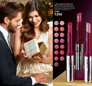 30
ቢ Stick Labial Power Shine The
One Stick labial en tonos perlados con
perlas de color MetaShine ultra-brillantes.
Formulado con Complejo Lip Kiss para una
suavidad extra en tus labios. 1.7 g.
14,00€
7,95€
30430
Lustrous
Nude
30431
Pink
Hypnotic
30432
Rosewood
Gloss
30433
Pink
Dazzle
30434
Glistening
Rose
30435
Vibrant
Blush
30436
Clover
Haze
30436CloverHaze
30437
Violet
Shine
30438
Raspberry
Sorbet
30439
Brilliant
Fuchsia
30440
Glazed
Currant
30441
Red
Ovation
30442
Trendy
Berry
30442TrendyBerry
30443
Sexy
Plum
30443SexyPlum
30444
Cocoa
Burst
ቢ
 